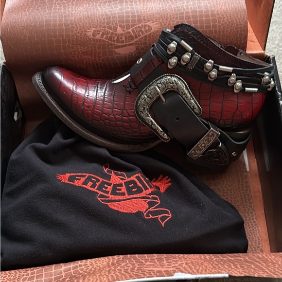 freebird Burgundy Croc-Embossed Leather Ankle Boots with Studded Buckles - Picture 6 of 8